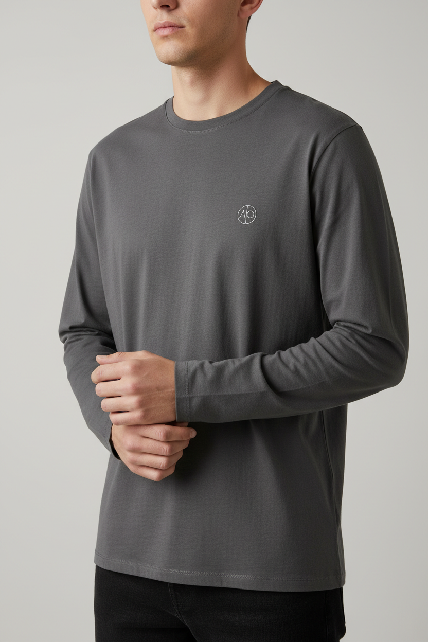 Man wearing long sleeve t-shirt with left chest logo